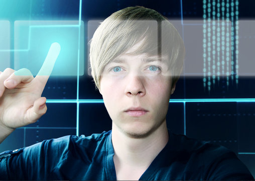 Young Man and Touchscreen Interface