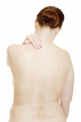 Naklejka premium Osteochondrosis - woman massaging pain back