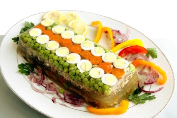 jelly with chicken meat,vegetable ,eggs and lemon