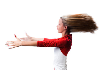 hypnotized girl with hair fluttering on strong wind