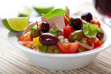 Rice salad with tuna,olives and vegetables