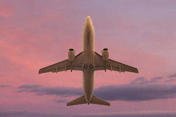 Fototapeta na wymiar Flying aircraft at sunset
