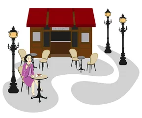 Cercles muraux Café de rue dessiné Femme au café