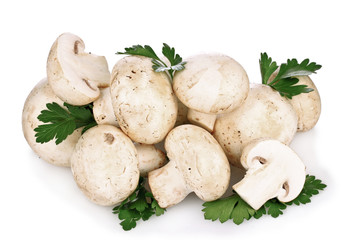 Champignon with parsley isolated on white