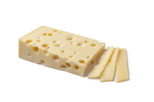 Piece of Emmentaler cheese and slices
