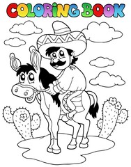 Coloring book with man riding donkey