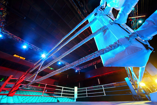 Empty ring geared-up for  fight boxers