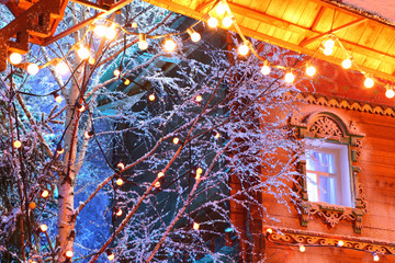 decorations - beautiful wooden house, lighting, snow on birchs