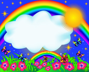 champ avec papillon de couleur et arc-en-ciel