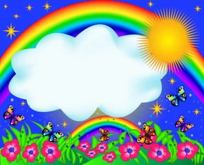 Washable wall murals Butterfly field with colour butterfly and rainbow