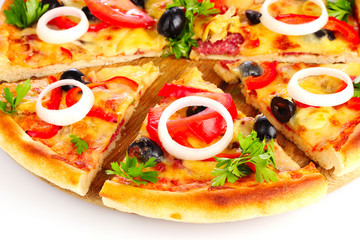 pizza on a wooden stand