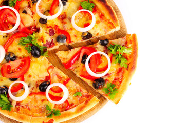 pizza on a wooden stand isolated on white