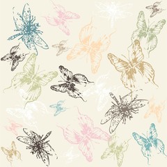 Seamless background with the dragonflies and butterflies.