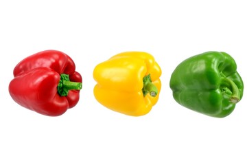 Bell paprikas lying on side on a white background