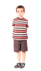 Single sad little boy looking outside upwards