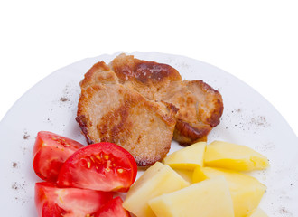 Meat with potato and tomato on plate