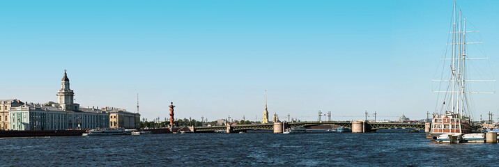 Panoramic view on the Neva river embankment, St. Petersburg