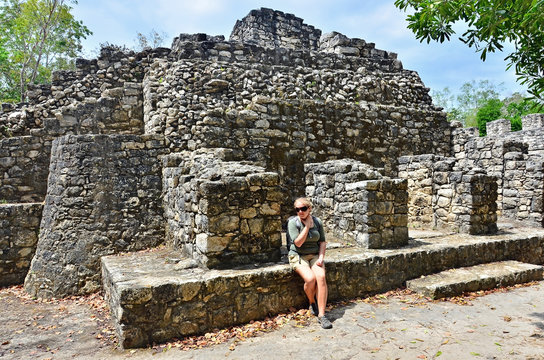 Tourist in Mayan ruins in Coba, Mexico