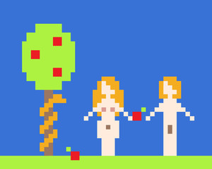 Adam and Eve in garden of Eden in pixel-art style
