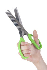 Woman hand with tailor cooking isolated on white