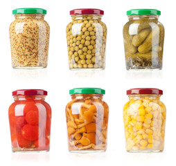 Glass jars with tinned vegetables