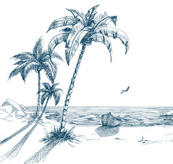 Fototapeta na wymiar Letnia plaża z palmami, mewy i łodzi na lądzie
