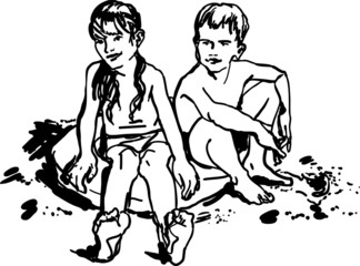 children boy and girl sitting on the beach