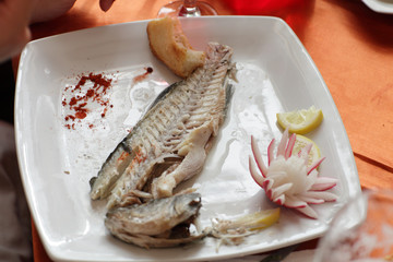 Steamed dorado fish at restaurant