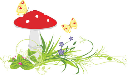 Fly agaric mushroom, flowers and butterflies