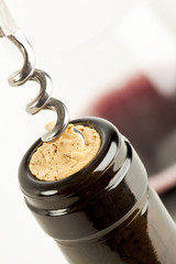 macro close up of corkscrew in wine bottle cork