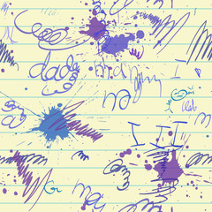 scrawl, scribbles and blot on school paper sheet seamless