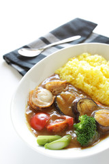 Scallop and vegetable curry with saffron rice