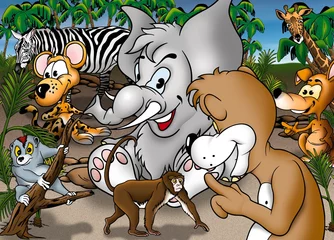 Papier Peint photo autocollant Zoo Safari de dessin animé - Illustration de fond coloré