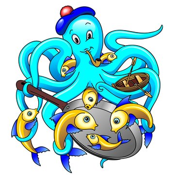 blue octopus cooking fish in pan clip art preview