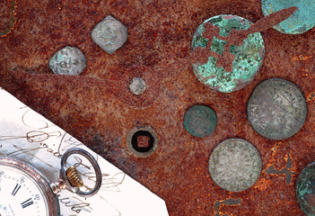 Watches and coins closeup