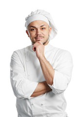 happy chef in white uniform isolated