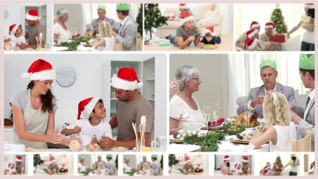 Montage of families spending Christmas together