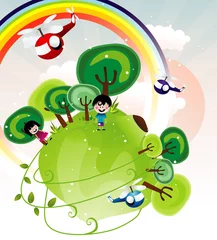 Door stickers Rainbow fantasy landscape with kids vector