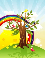 Zelfklevend Fotobehang boom met een regenboog erachter vector © chispas