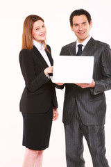 businessman and businesswoman with laptop