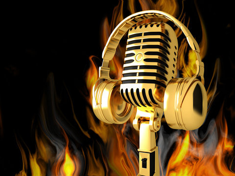 Vintage Microphone on the background of fire