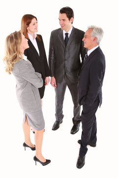 businessman and businesswoman standing chatting