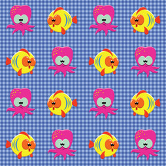 Checked pattern doodle sea creatures