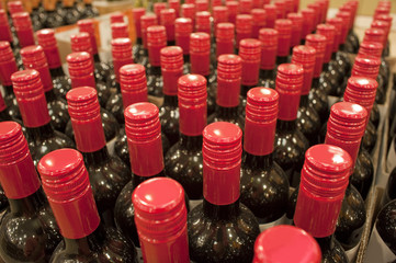 Wine bottles on display in a liquor store