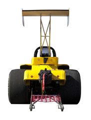 Yellow dragster seen from behind isolated on white