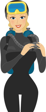blonde diver in black wetsuit with scuba gear clip art preview