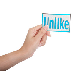 Isolated: hand holding unlike paper on white backgroud, like on