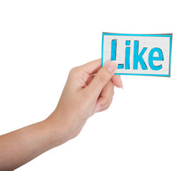 Isolated: hand holding unlike paper on white backgroud, like on