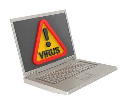 Virus warning sign on laptop screen.