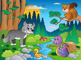 Stickers pour porte Rivière, lac Scène de forêt avec divers animaux 5